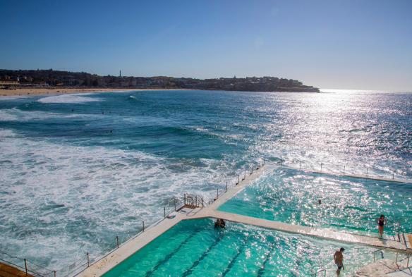 Menschen schwimmen bei Bondi Icebergs im Vordergrund, Surfer und Strandspaziergänger im Hintergrund, Bondi Beach, Sydney, New South Wales © Destination NSW