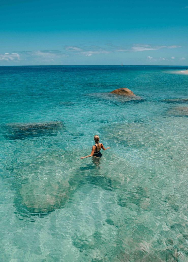 Eine Person schwimmt im klaren blauen Meer, Fitzroy Island, Tropischer Norden Queenslands, Queensland © Tourism Australia