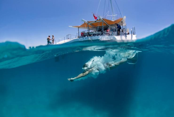 Geteilte Ansicht oberhalb und unter der Wasseroberfläche einer Person, die auf einer Bootsfahrt mit Sailaway von einem Boot aus ins klare, blaue Wasser taucht, Mackay Cay, Queensland © Tourism and Events Queensland