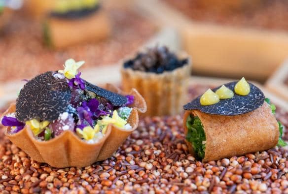 A close up photo of three fine dining-style hors d'oeuvres, served on a bed of seeds, The Truffle Farm, Canberra, Australian Capital Territory © Tourism Australia