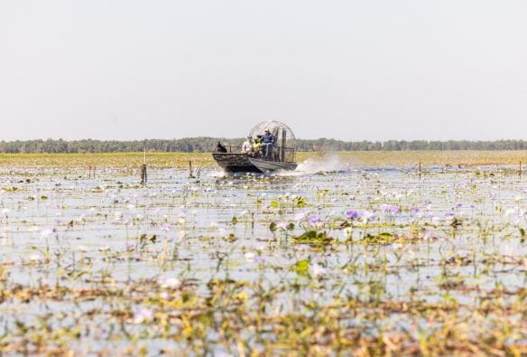 Airboat on the waterway at Finniss River Lodge, The Top End, Northern Territory © Tourism Events NT/Helen Orr Finniss River Lodge