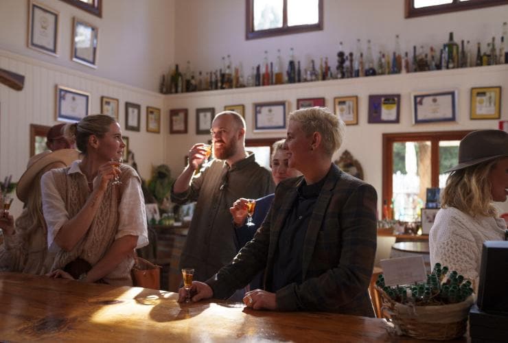 Group enjoying small tasting glasses of liqueurs during a tour with The Vino Bus at Tamborine Mountain Distillery, Brisbane, Queensland © Tourism and Events Queensland