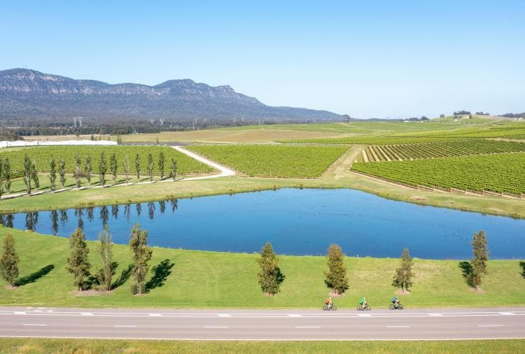 Three people cycling alongside a road past a small lake surrounded by a lush green vineyard in the Hunter Valley, New South Wales © Cessnock City Council