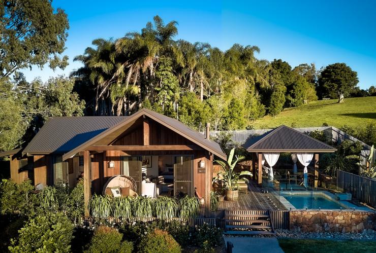 A cabana with a private pool nestled beneath a green hill and surrounded by trees at Gaia Retreat & Spa, Byron Bay, New South Wales © Gaia Retreat & Spa