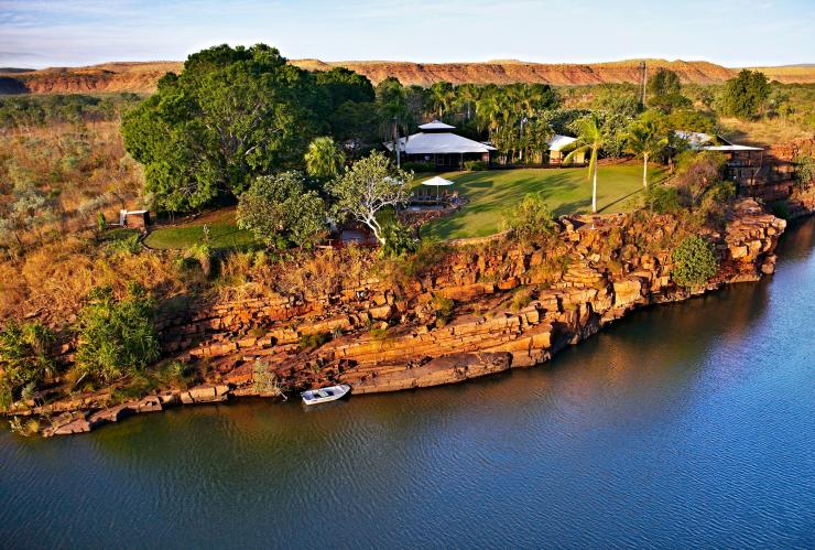 Aerial view over accommodation perched on top of a gorge, El Questro Homestead, East Kimberley, Western Australia © Tourism Western Australia