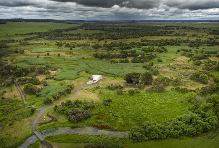 Aerial view over the lush green expanse of Budj Bim Cultural Landscape, Victoria © Tourism Australia