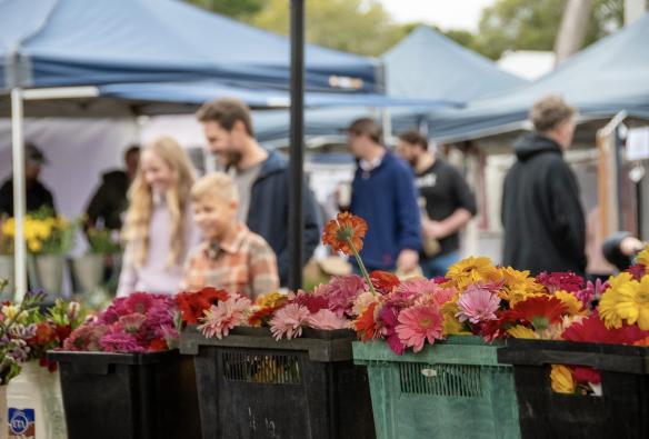 A family browses crates of flowers at the Toowoomba Farmers Market, Toowoomba, Queensland © Tourism and Events Queensland
