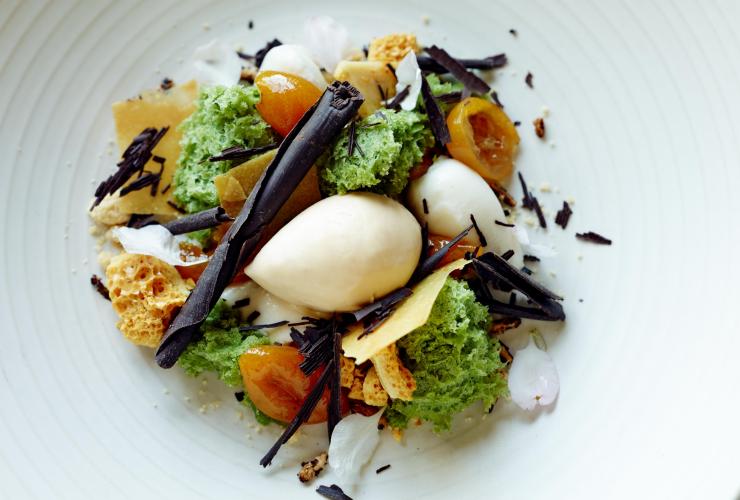 An artfully plated cumquat dessert, Lake House Restaurant, Daylesford, Victoria © Lake House 