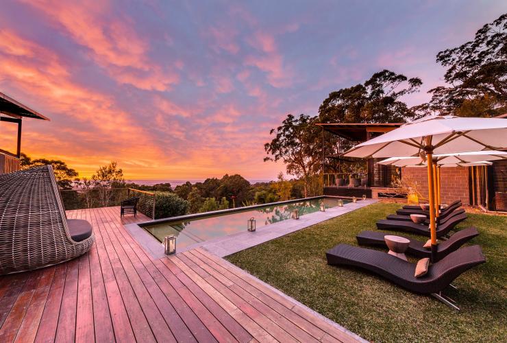 A pool deck overlooking bushland at sunset, Spicers Sangoma Retreat, Bowen Mountain, NSW © Spicers Sangoma Retreat