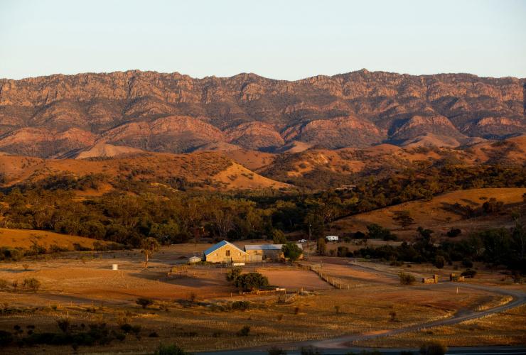 Aerial over the Arkaba Conservancy homestead and surrounding mountains of the Flinders Ranges, South Australia © Wild Bush Luxury