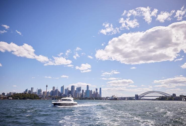 A boat cruising along a harbour with city skyscrapers and an arched bridge in the background, Splendour Tailored Tours, Sydney, New South Wales © Tourism Australia