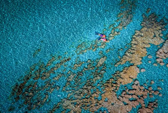 Aerial view of two people snorkelling, Shark Bay, Western Australia © Ben Teo/Coral Coast Helicopter Services