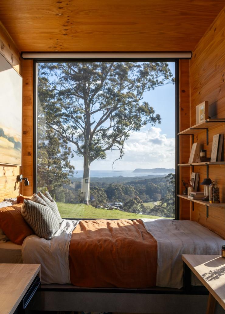 Interior of a cosy tiny home overlooking bushland, Heyscape Denmark, Australia's South West, Western Australia © Kirsten Sivyer / Heyscape