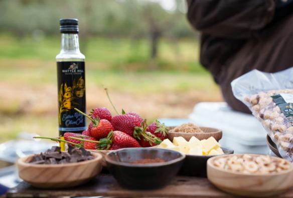 Plate of produce and olive oil, Wattle Hill Olive Grove, North West Tasmania, Tasmania © Boomtown Pictures