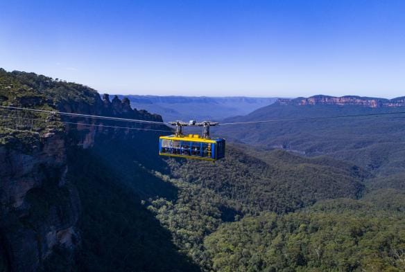 View of Scenic World’s Scenic Skyway cable car above the Blue Mountains, New South Wales © Destination NSW