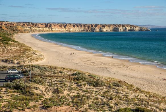 A white sand beach with turquoise water and tall sandstone cliffs at Maslin Beach, Fleurieu Peninsula, South Australia © Tourism Australia