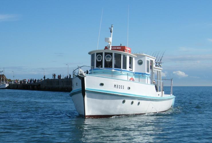 A boat floating on the water beside a pier lined with people, Bay Fish N Trips, Mornington, Victoria © Bay Fish N Trips