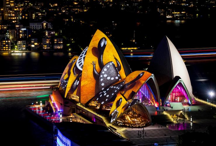 The Vivid Sydney Opera House lit up with a songlines artwork during Vivid Sydney, New South Wales © Destination NSW