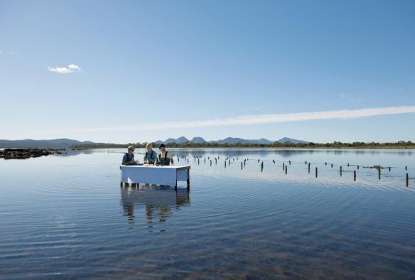 Three people standing at a table in the water beside oyster leases at Freycinet National Park, Marine Farm, Freycinet, Tasmania © Tourism Tasmania