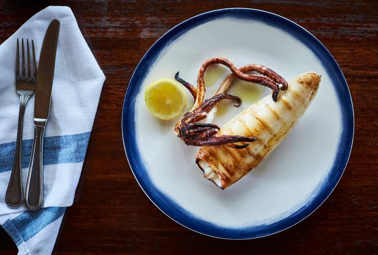 A simple dish with seafood and lemon, A La Grecque, Aireys Inlet, Victoria © Luis Ferreiro 