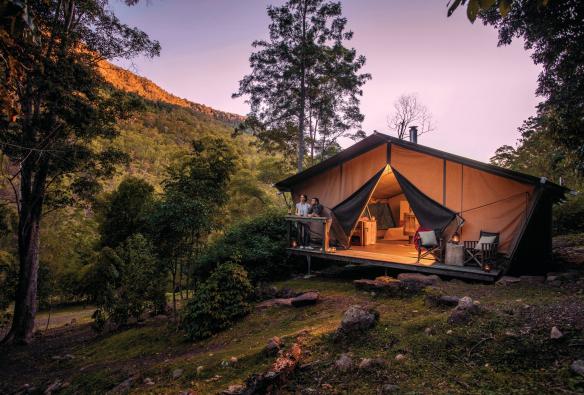 A man and woman standing on the balcony of their luxury tent overlooking greenery at dusk at Nightfall Camp, Lamington, Queensland © Nightfall Camp