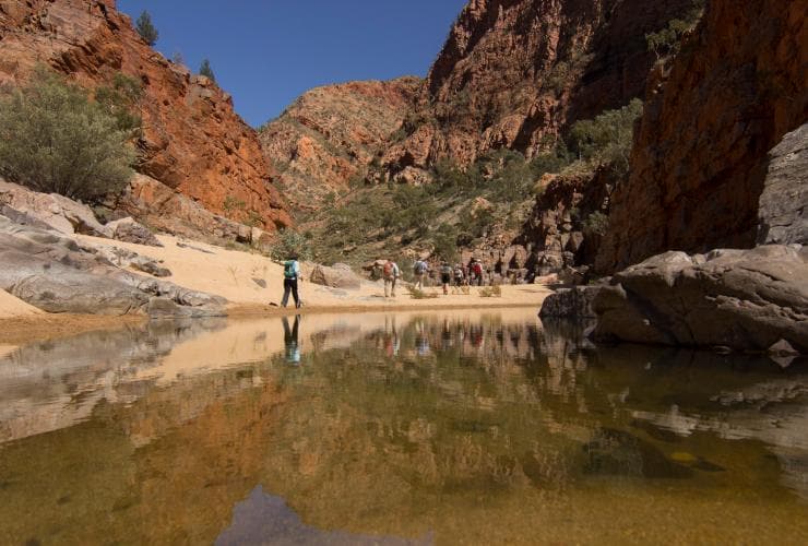 A trail of people hiking along the sandy banks of an outback waterhole surrounded by red rock walls, Ormiston Gorge, Larapinta Trail, West MacDonnell Ranges, Northern Territory © Tourism Australia