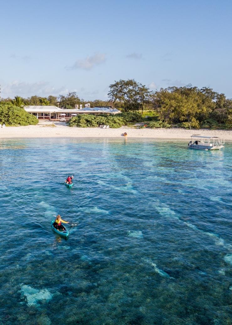 Kayakers paddling over clear water off shore from a white sand beach.