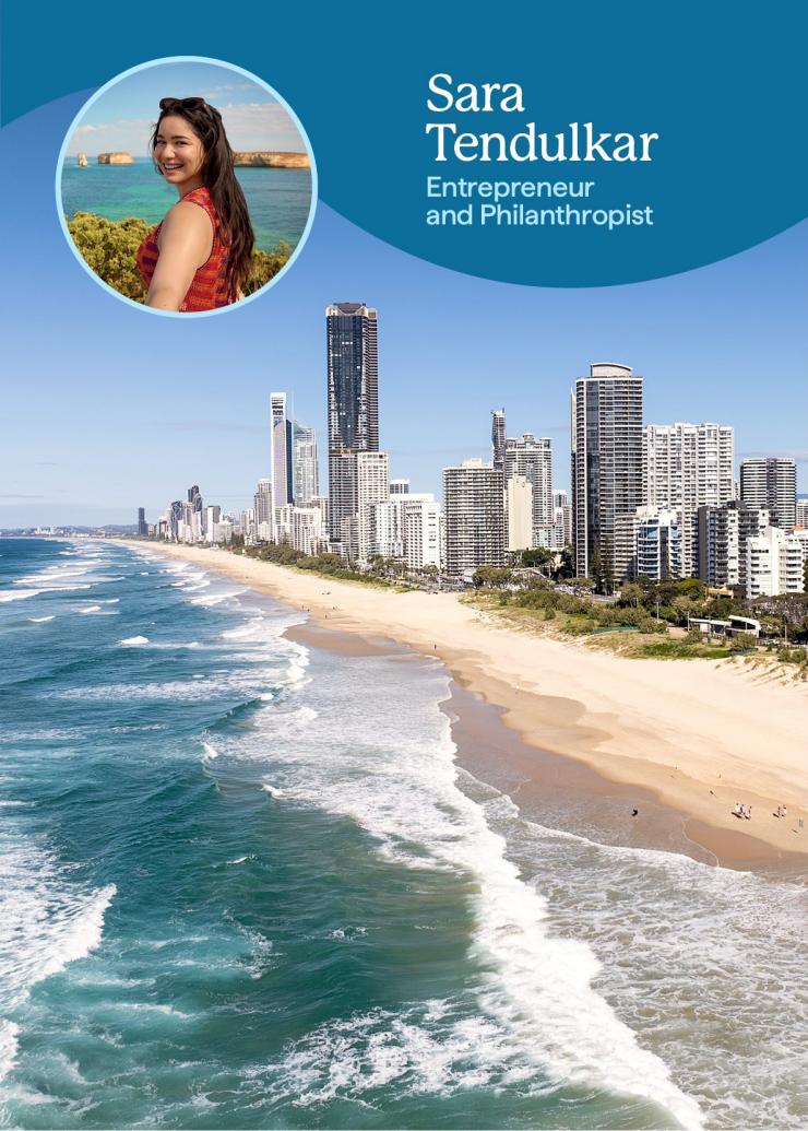 Tall buildings on the edge of the beach with waves crashing and an image overlaid of a woman smiling with the caption "Sara Tendulkar, Entrepreneur and Philanthropist"