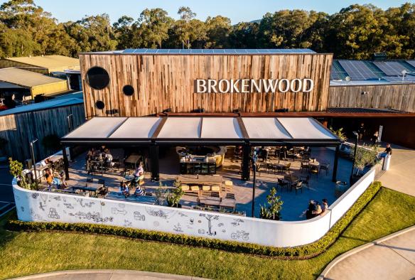Aerial of the Brokenwood cellar door and patio in the Hunter Valley, New South Wales © Tourism Australia