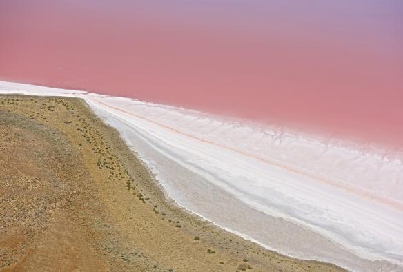 Aerial view of the edge of the pink water and sandy banks of Kati Thanda-Lake Eyre, Outback South Australia © Grant Hunt Photography