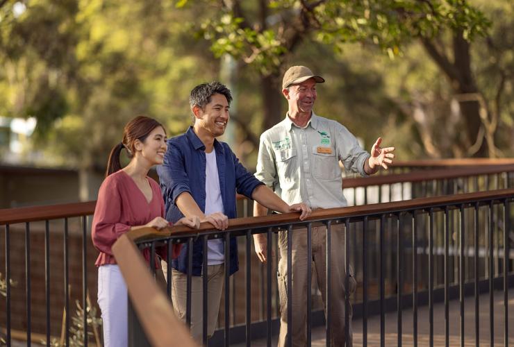 A couple standing with a zookeeper looking towards a wildlife enclosure, Taronga Zoo Sydney, New South Wales © Tourism Australia 