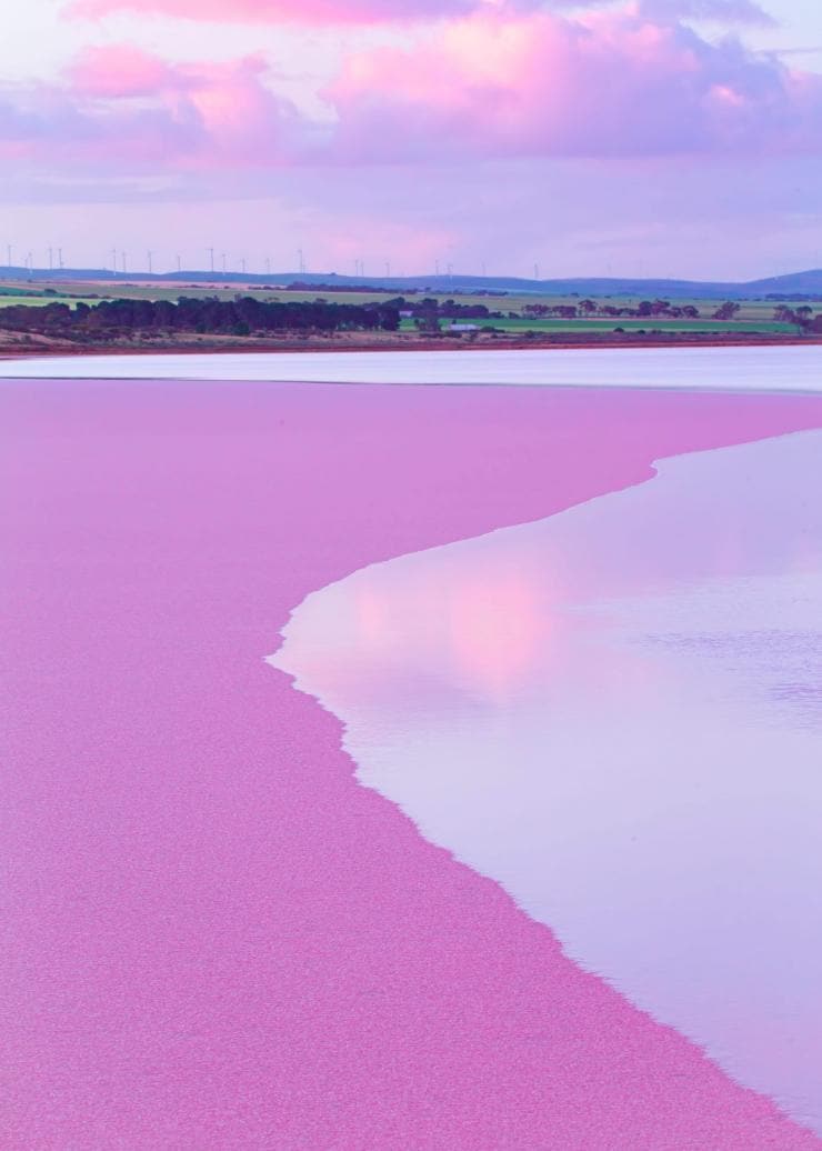 Aerial view over a pink lake beneath a pastel sunset, Pink Lake Tiny House, Clare Valley, South Australia © South Australian Tourism Commission