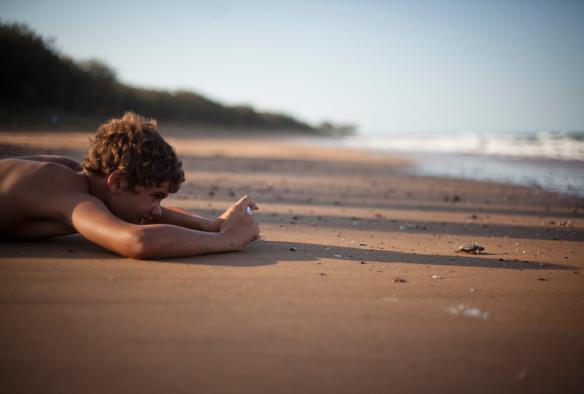 Boy photographing a turtle hatchling by the ocean at Mon Repos, Southern Great Barrier Reef, Queensland © Tourism Events Queensland/Rowan Bestman 