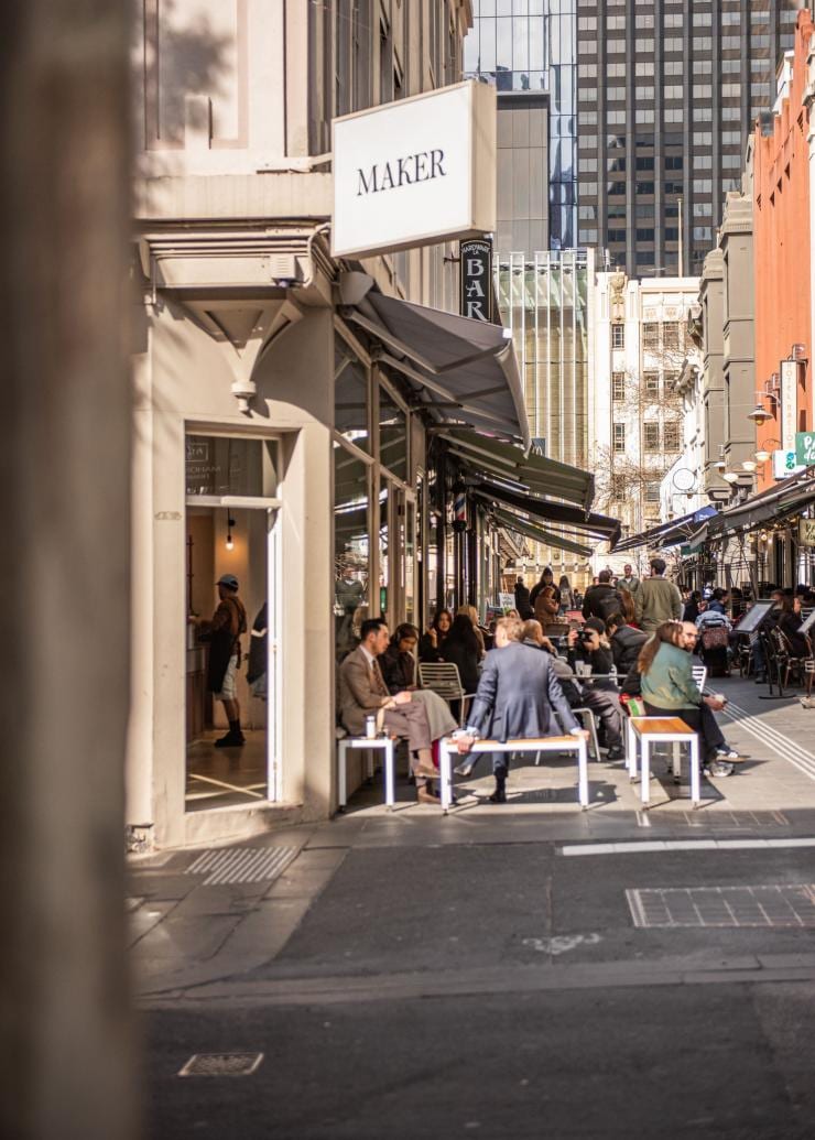 A city laneway filled with people dining outdoors at  Maker, Hardware Lane, Melbourne, Victoria © Visit Victoria 