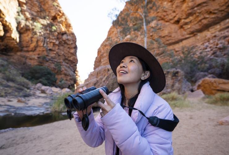 A person standing in a red rock gorge with a pair of binoculars with Emu Run Experience, West MacDonnell Ranges, Northern Territory © Tourism Australia 