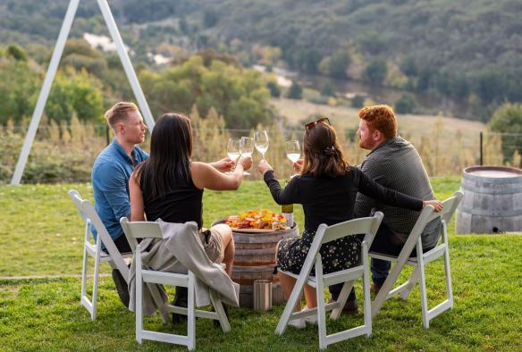 Four guests on a Van Du Vin tour are seen sitting in white picnic chairs, on the grass, overlooking Canberra’s green wine country, Canberra, Australian Capital Territory © Tourism Australia