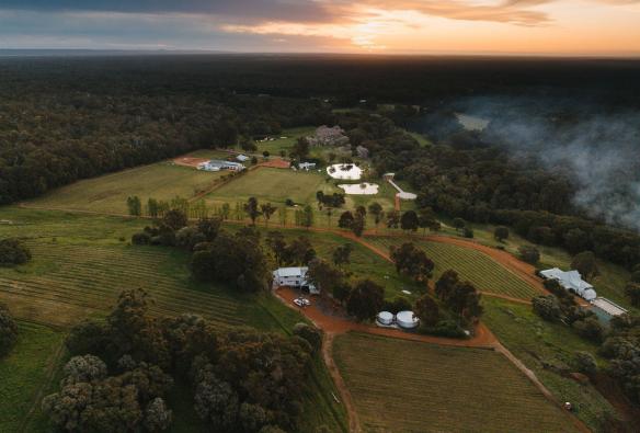 Aerial of the property and surrounding bushland at Ampersand Estates Winery, Australia’s South West, Western Australia © Tourism Australia