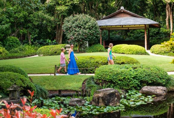A family wandering through the lush greenery and ponds within Brisbane Botanic Gardens, Mount Coot-Tha, Brisbane, Queensland © Tourism and Events Queensland