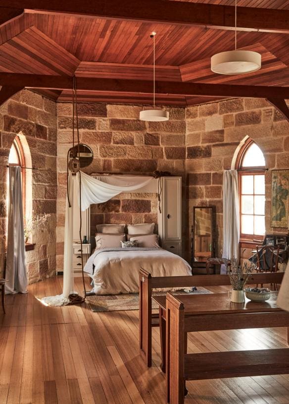 A bedroom inside a stone building, St Martins of Tasmania, Dunalley, Tasmania © St Martins of Tasmania