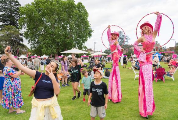 Performers on stilts at Savour the Flavour Hawkesbury, New South Wales © Hawkesbury City Council