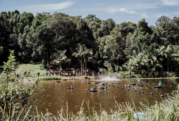 Guests playing in the dam at Hosanna Farmstay, Northern Rivers, New South Wales © Hosanna Farmstay