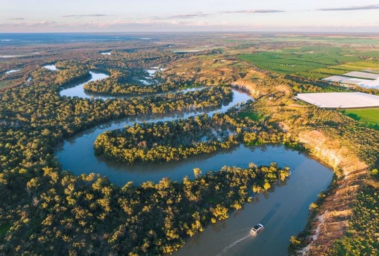 Aerial view of the snaking Murray River, Riverland, South Australia © Murray River Trails