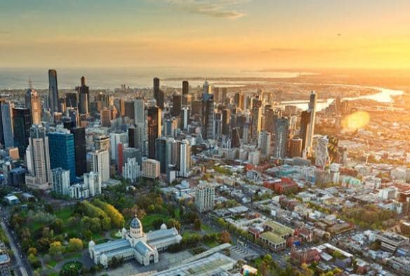 Aerial view of the skyline at sunset, Melbourne, Victoria © Tourism Australia