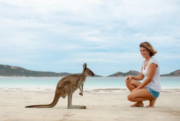 Woman admires a kangaroo on a white sand beach at Lucky Bay, Esperance, Western Australia © Tourism Australia