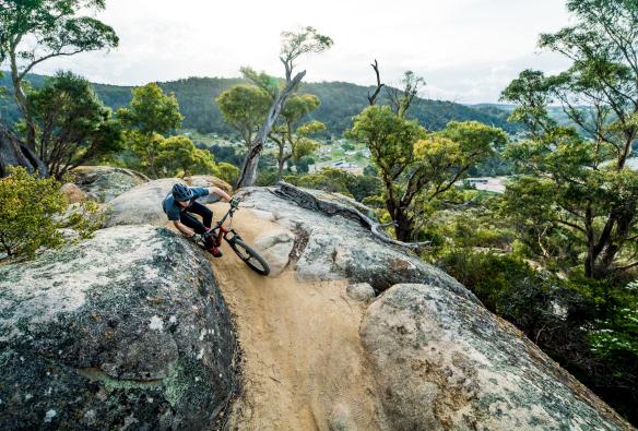 A person riding a mountain bike around a tight corner on the side of a rock face overlooking trees and a township below at Blue Derby Mountain Bike Trails, Derby, Tasmania © Tourism Tasmania/Revolution MTB