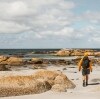 A person walking along a white sand beach with large, orange rocks, wukalina Walk, Bay of Fires, Tasmania © Tayla Gentle