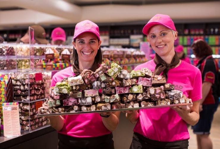 Two staff members holding a giant plate of rocky road, Great Ocean Road Chocolaterie and Ice Creamery, Bellbrae, Victoria © Great Ocean Road Chocolaterie & Ice Creamery 