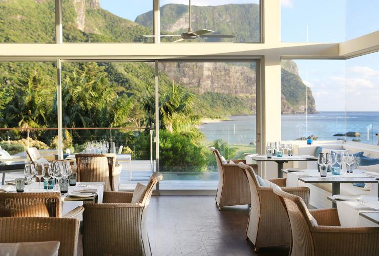A dining room overlooking an island coastline, Capella Lodge, Lord Howe Island, New South Wales © Baillie Lodges