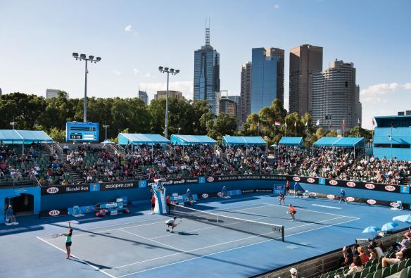 An open-air tennis stadium filled with people at the Australian Open, Melbourne, Victoria © Visit Victoria 