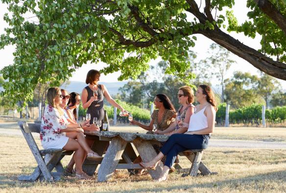 Friends gathered around a picnic table beneath a tree at Ridgemill Estate, Stanthorpe, Queensland © Ridgemill Estate